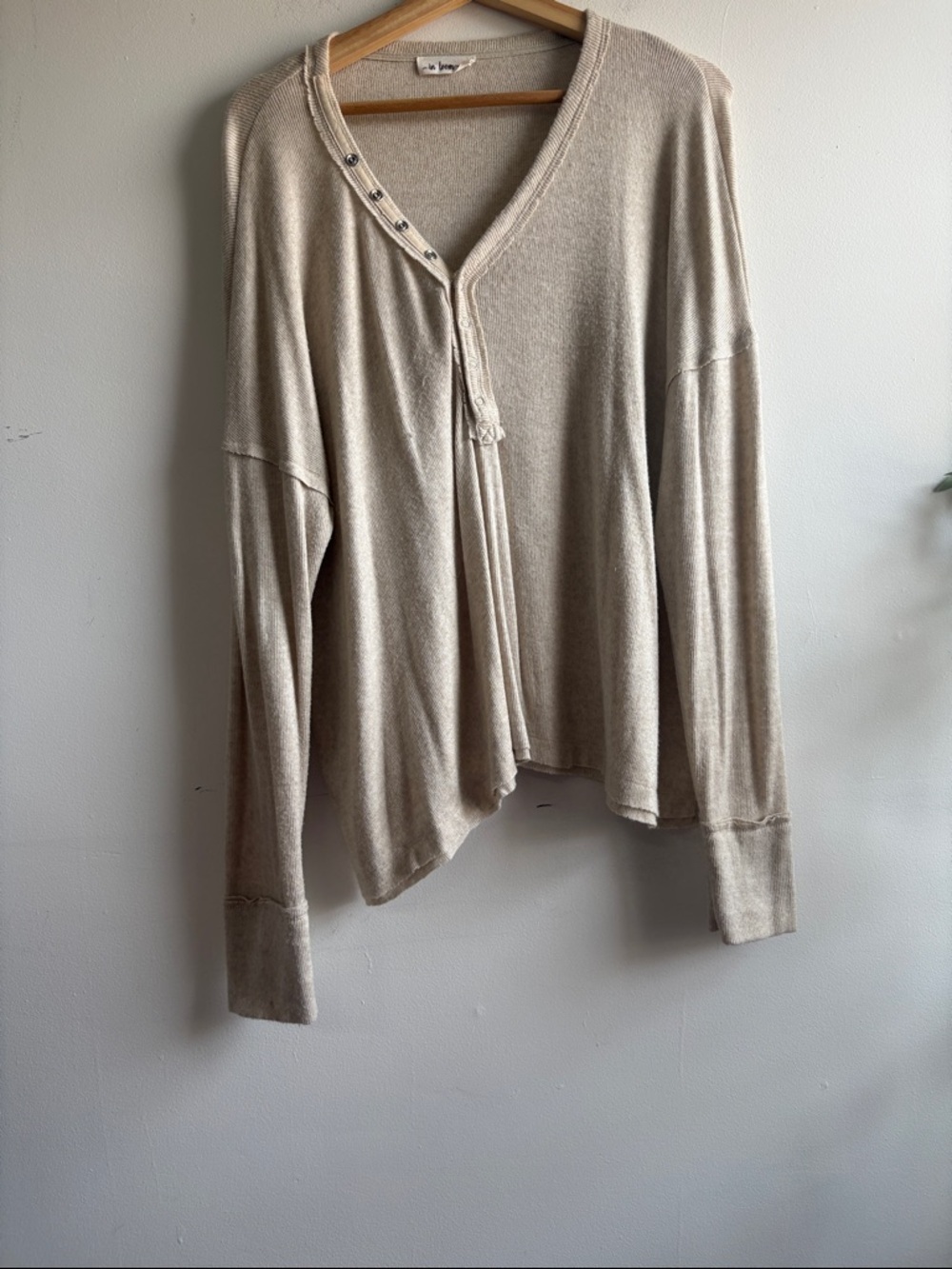 Relaxed V-Neck Long Sleeve Top in Light Beige